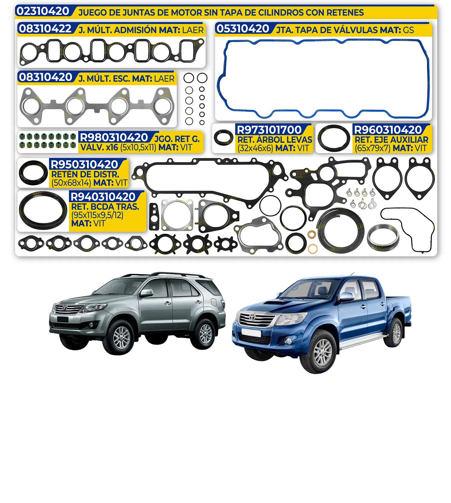 TOYOTA – JUEGO DE JUNTAS DE MOTOR CON RETENES SIN TAPA DE CILINDROS